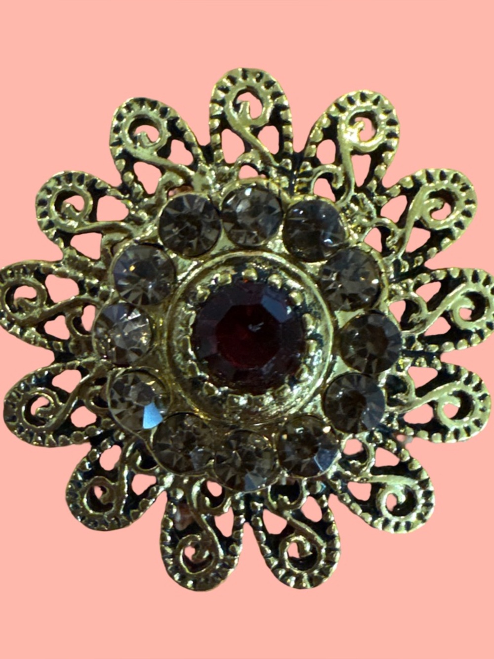 Gold Floral Filigree Ring with Red and Clear Stones